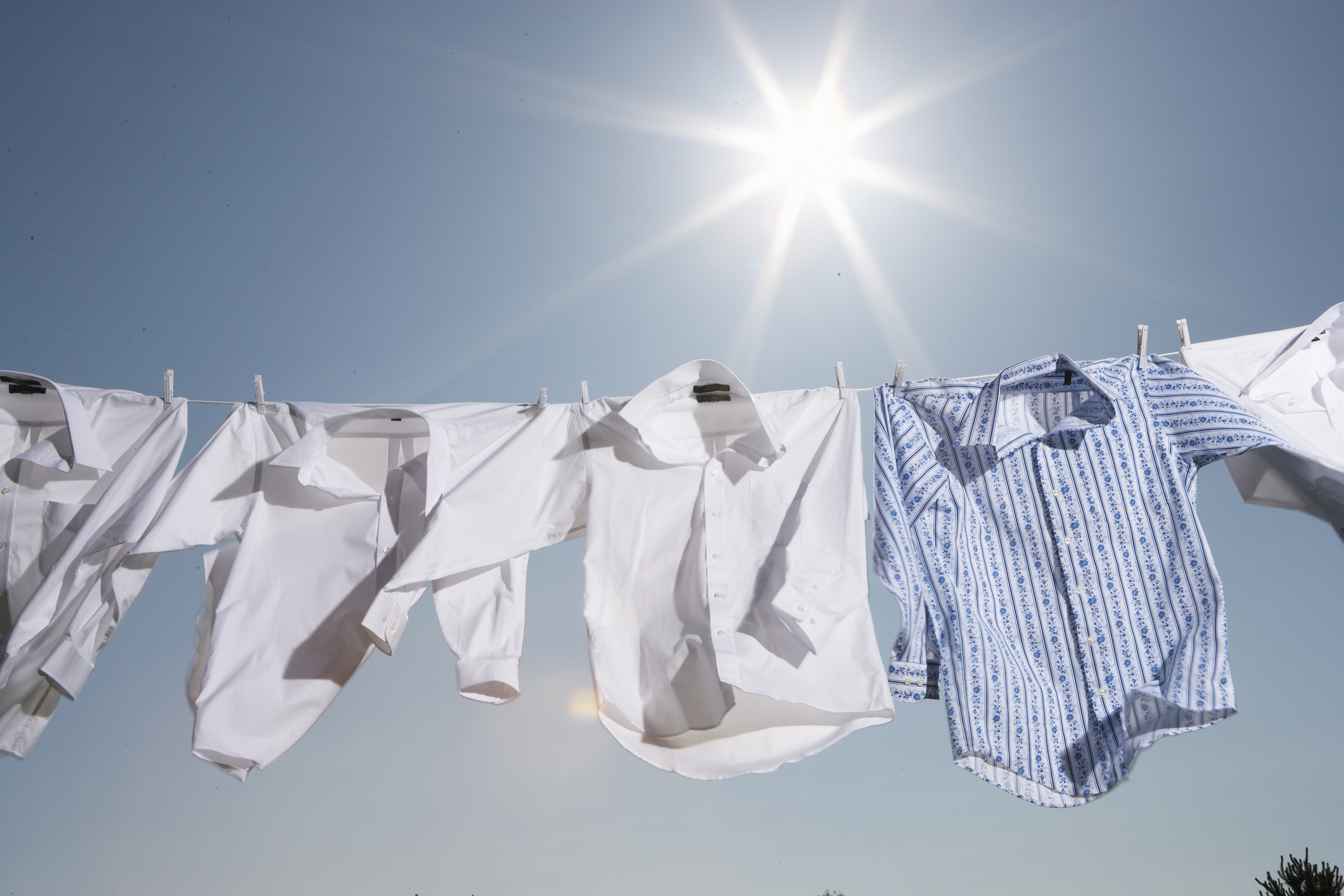 Button down laundries hanging outside under the sun.