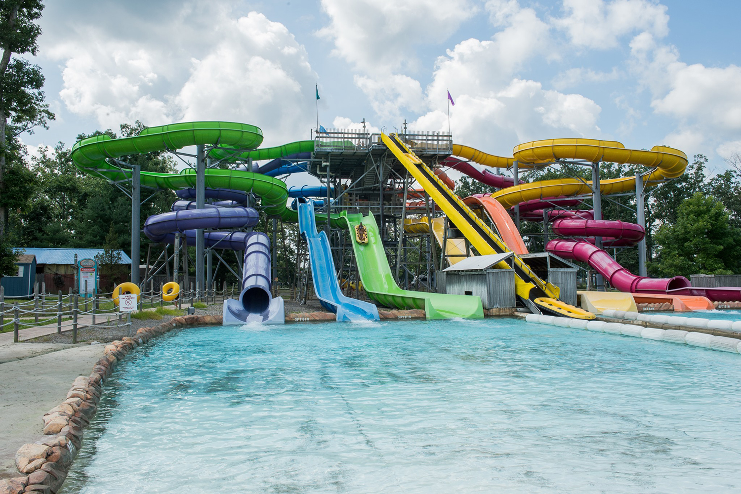 Colorful water slides at the Hurricane Harbor New Jersey.