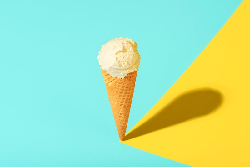 Ice cream in a waffle cone with vanilla.
