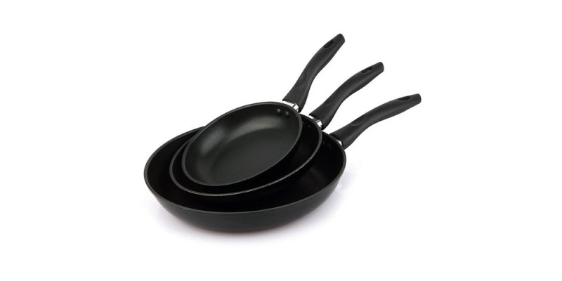 Mainstays Aluminum 3-piece Non-Stick Skillet Set on a white background.