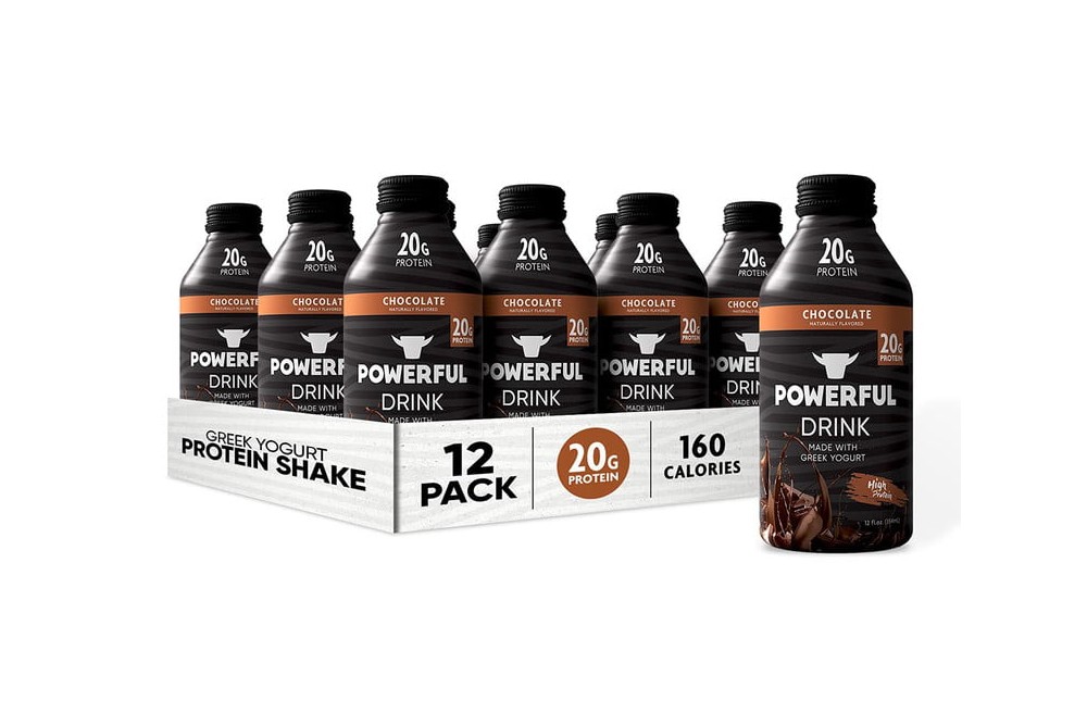 A 12-pack of chocolate-flavored Powerful Foods Greek Yogurt Protein Drinks that has 160 calories per serving.