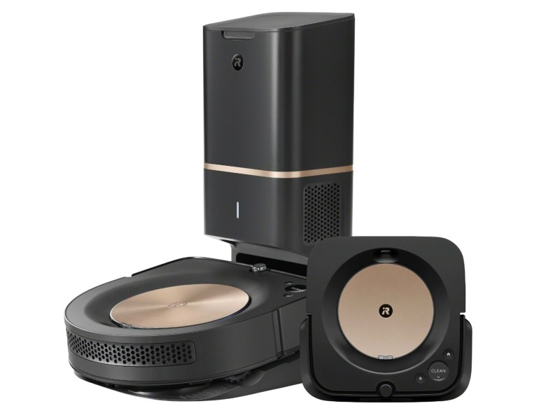 Roomba S9 Plus robot vacuum with Braava Jet M6 robot mop bundle on white background.