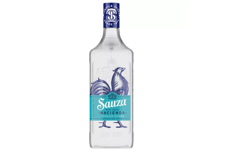 A bottle of Sauza Hacienda Blue Label Agave Silver Tequila bottle on white background.
