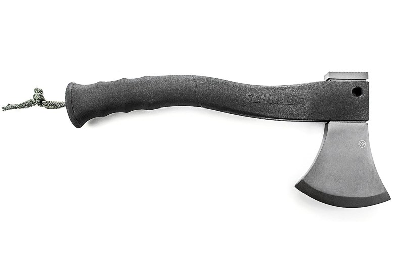 A black handled Schrade stainless steel axe on white background.