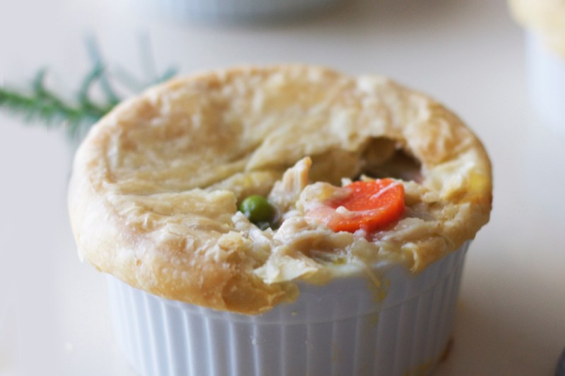 Individual-sized chicken pot pie in a ramekin