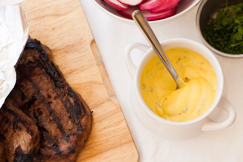 A light beige steak sauce.