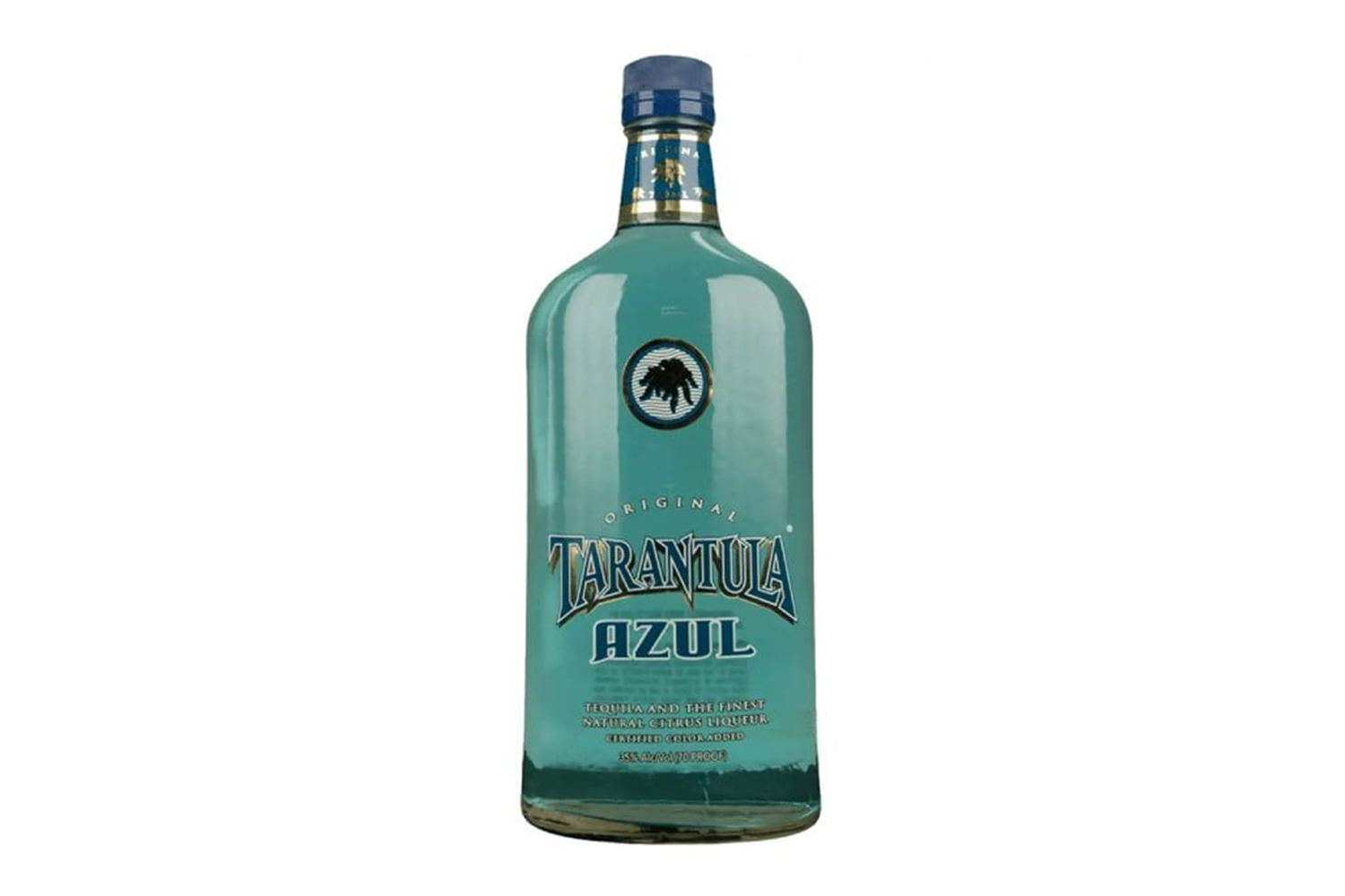 Bottle of Tarantula Azul tequila bottle.