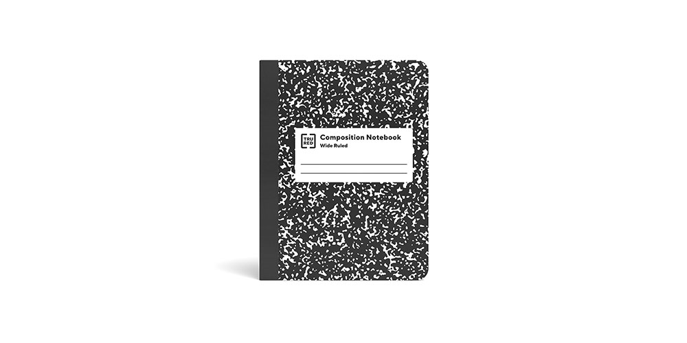 Tru Red Composition Notebook on a white background.
