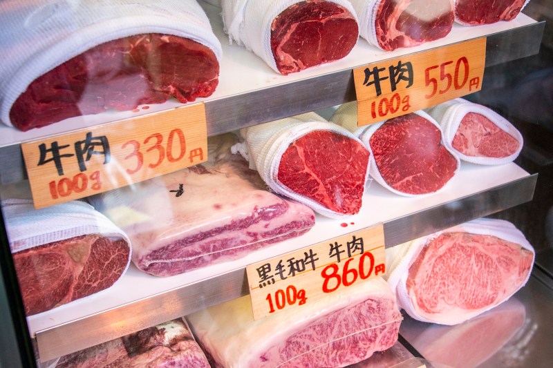 Wagyu beef for sale at Tsukiji fish market, Tokyo, Japan.