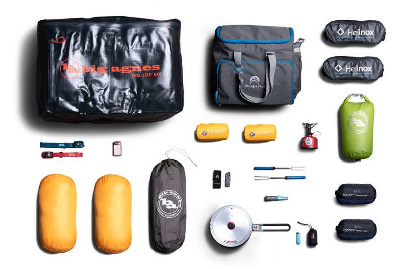 Flat lay of camping "pod" rental gear from Xscape Pod.