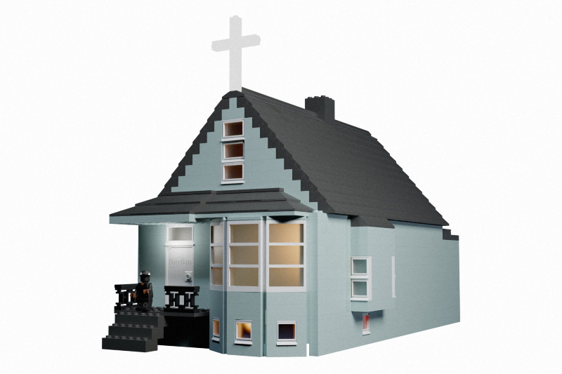Canadian graphic artist Patrikas Samulevicius' Donda LEGO house, complete with 'Ye on the porch steps.