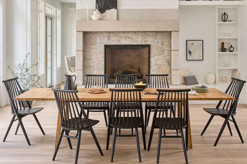 Article furniture's "Madera" dining table surrounded by Dabo dining chairs.