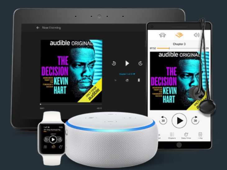 Audible home screen shown on tablet, phone, smartwatch, with Alexa in the foreground, on a black background.
