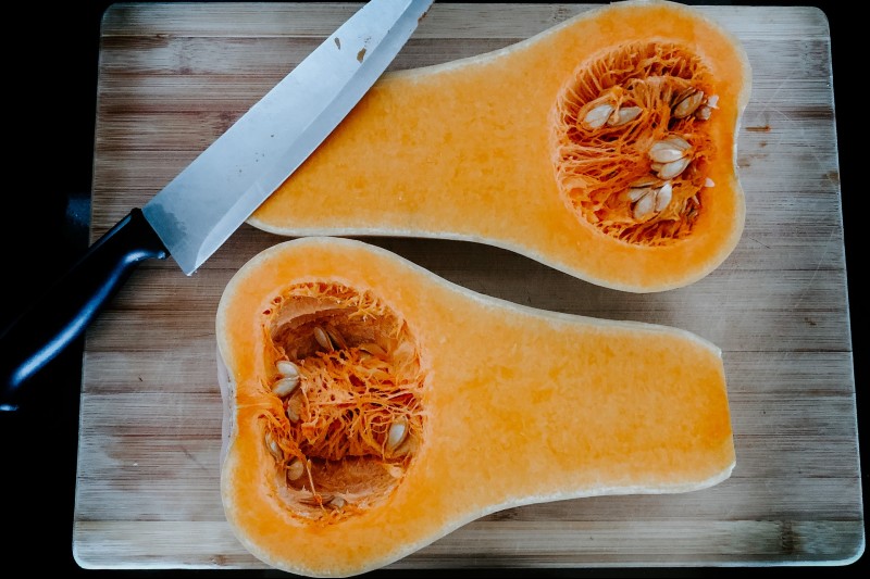 butternut squash cut in half.