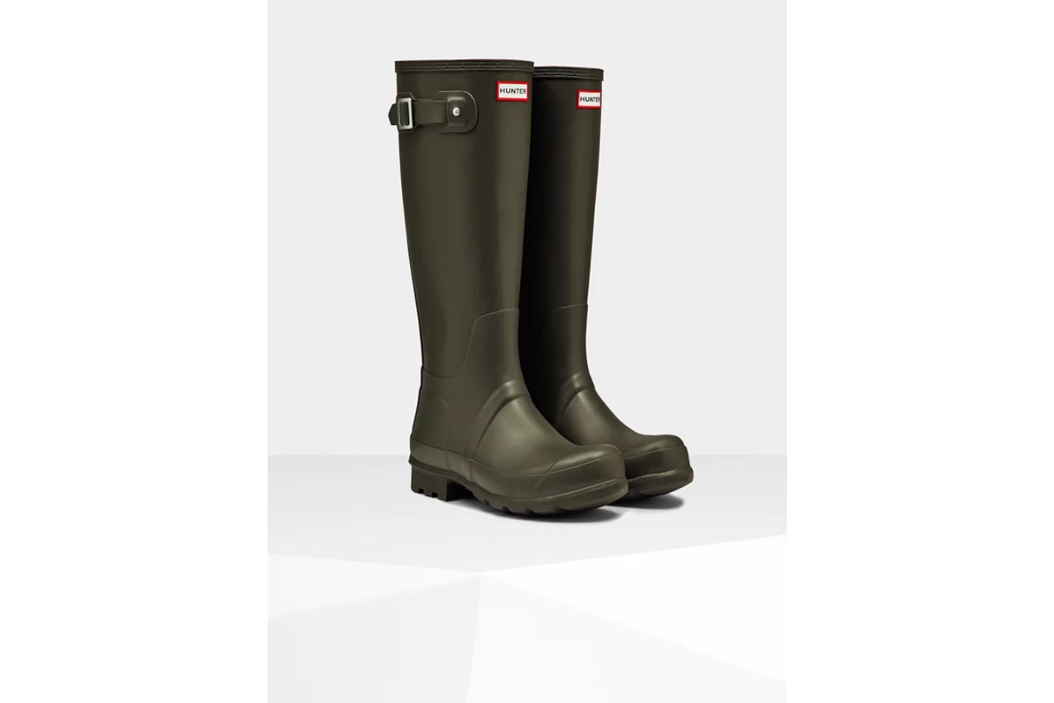 A pair of dark olive Hunter Original Tall Rain Boots.