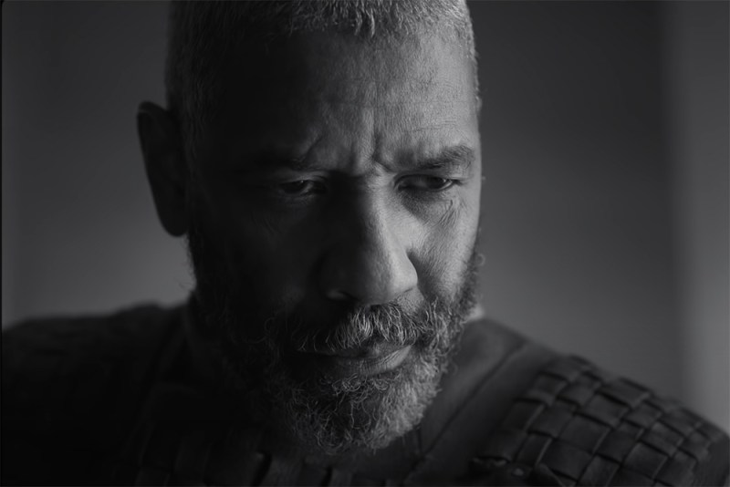 A closeup of Denzel Washington in the new Macbeth movie.