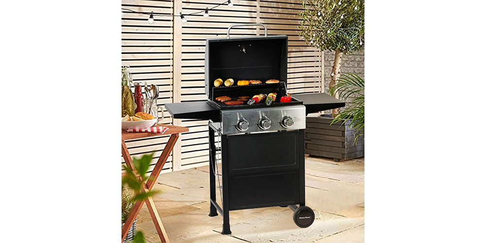 Master Cook 3 Burner BBQ Propane Gas Grill placed in a yard.