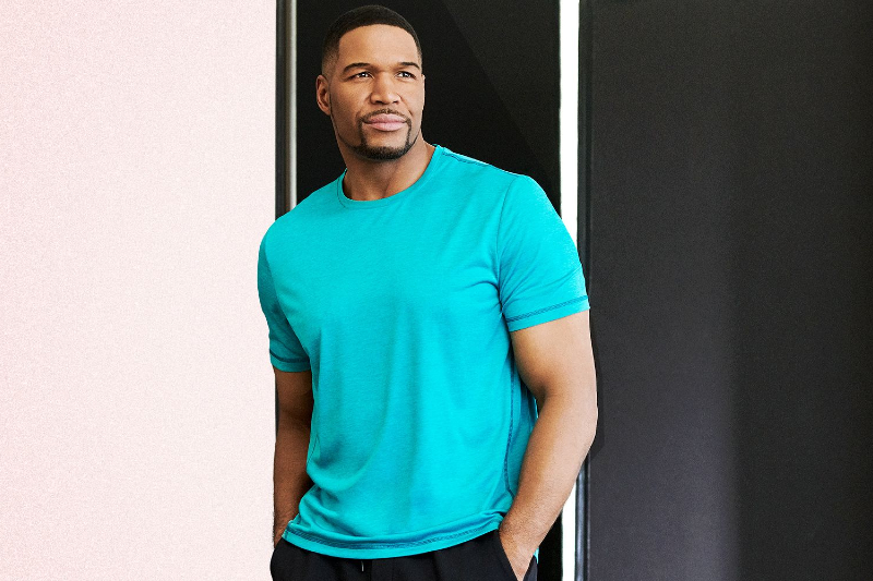 Michael Strahan models a shirt from his eponymous line.
