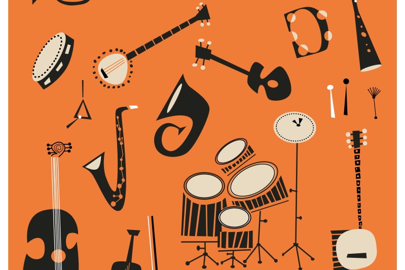 Digital artwork of various musical instruments.