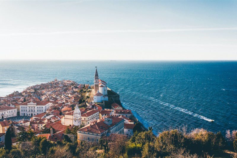 Aerial shot of Piran, a coastal resort city in Slovenia.