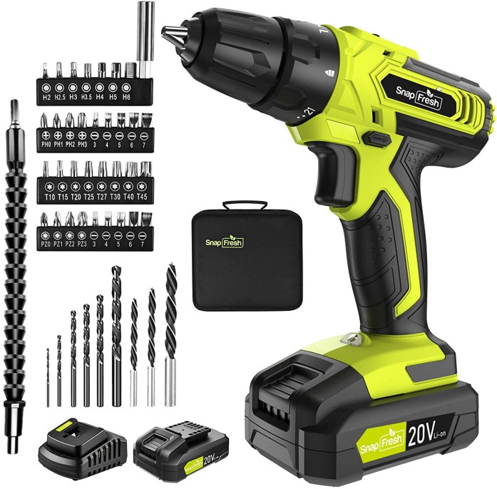 Ryobi cordless 20v drill with drill bits, batteries and case on a white background.