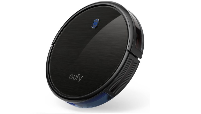 A black Anker Eufy Robovac on a white background.