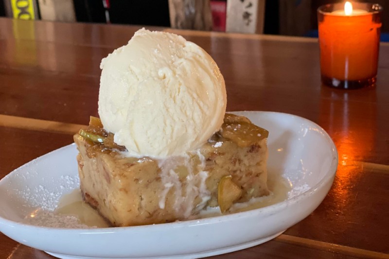 Farm Bar's Redfield Apple Bread Pudding on counter.