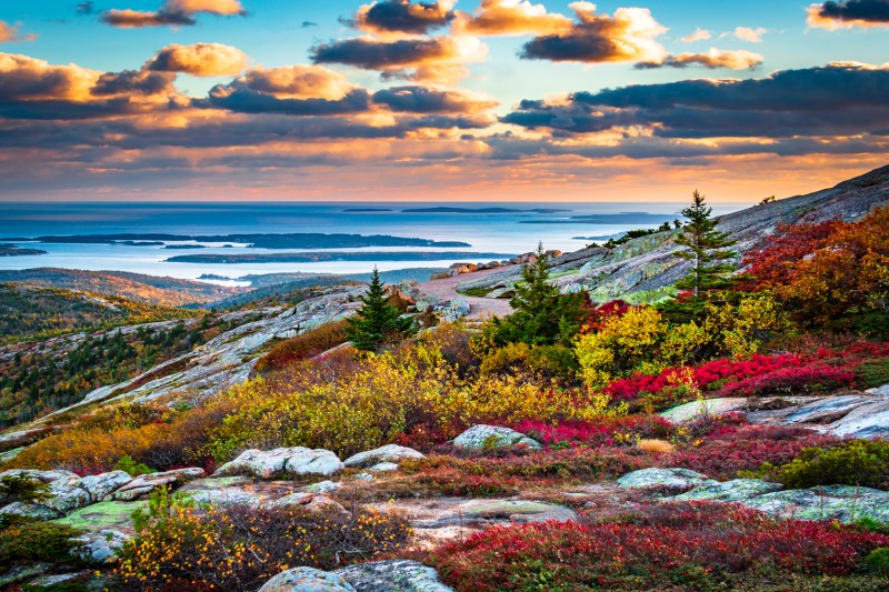 A spectacular view of Cadillac Mountain in Acadia National Park in fall.