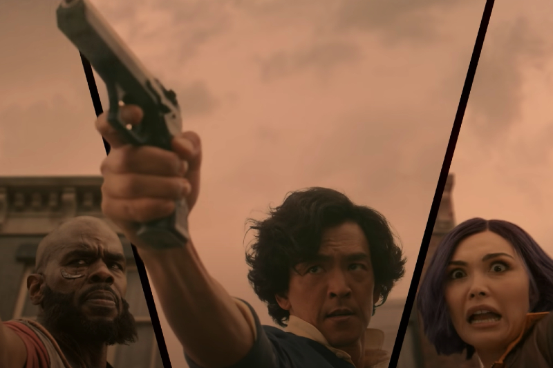 From left to right, Mustafa Shakir as Jet Black, John Cho as Spike Spiegel, and Daniella Pineda as Faye Valentine in Netflix's 'Cowboy Bebop.'