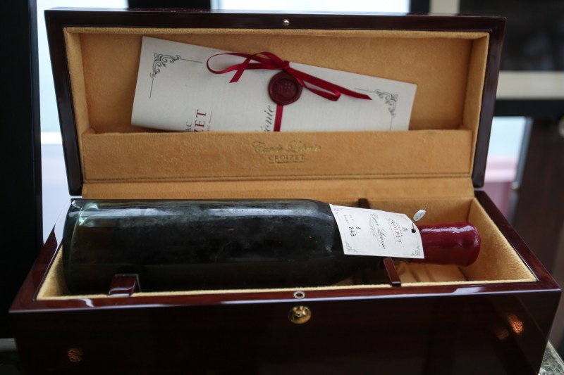 A bottle of Croizet Cognac Leonie 1858 in a case.