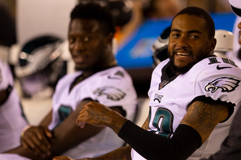 DeSean Jackson #10 of the Philadelphia Eagles reacts from the bench.