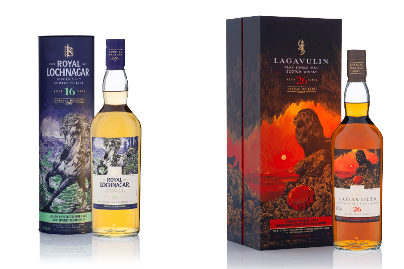 Two of Diageo's newest eight special, single malt Scotches, complete with protective mythic beasts.