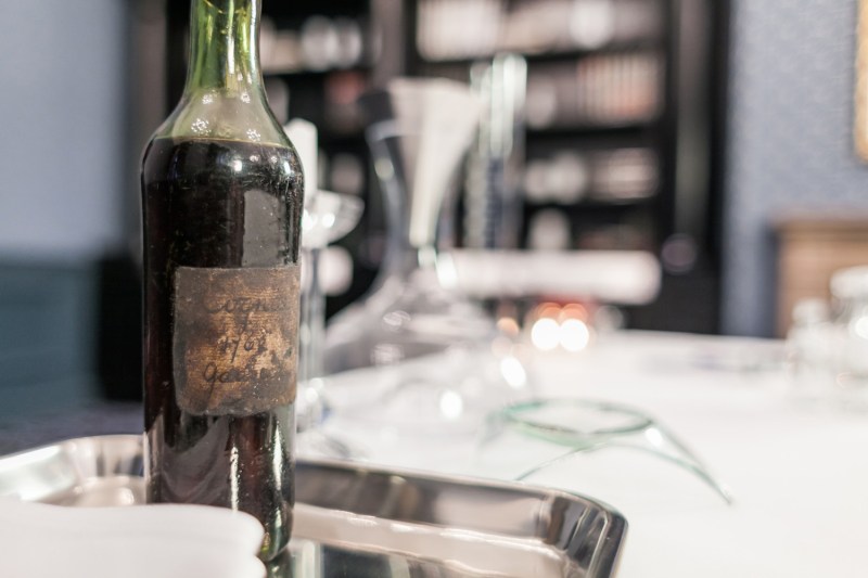 A bottle of Gautier Cognac 1762 on a tray.