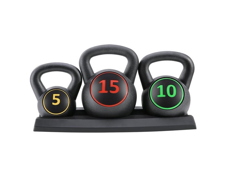 MaxKare 3-Piece Kettlebell Set with rack to store.