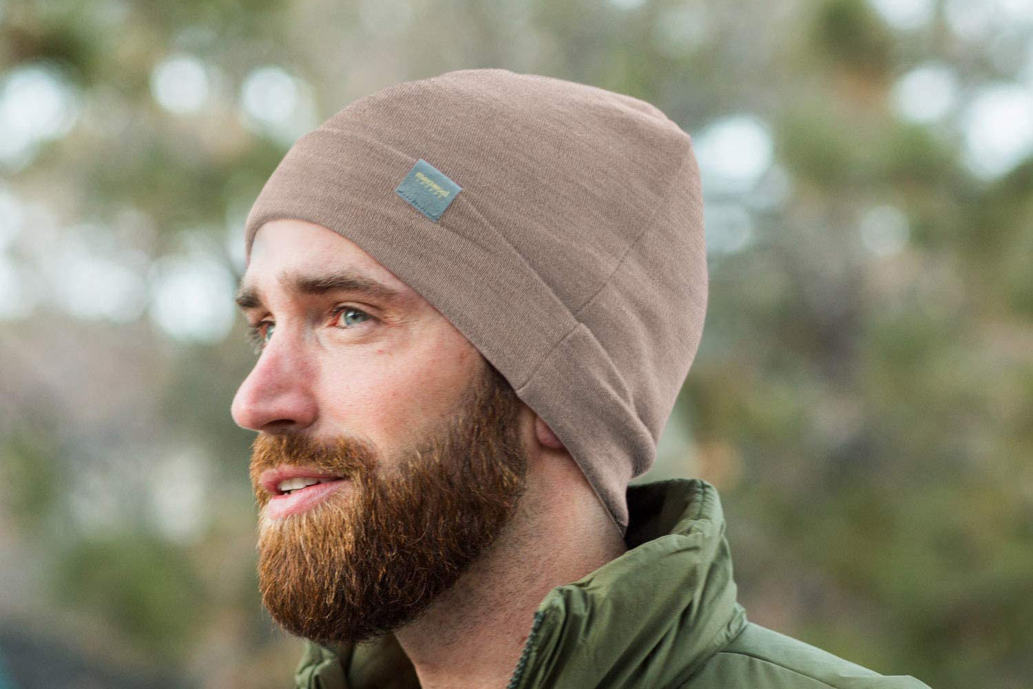 Man wearing a Merino wool beanie.