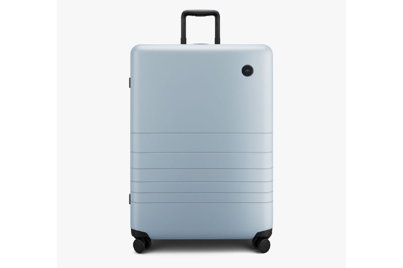 monos check in large luggage against a gray background.