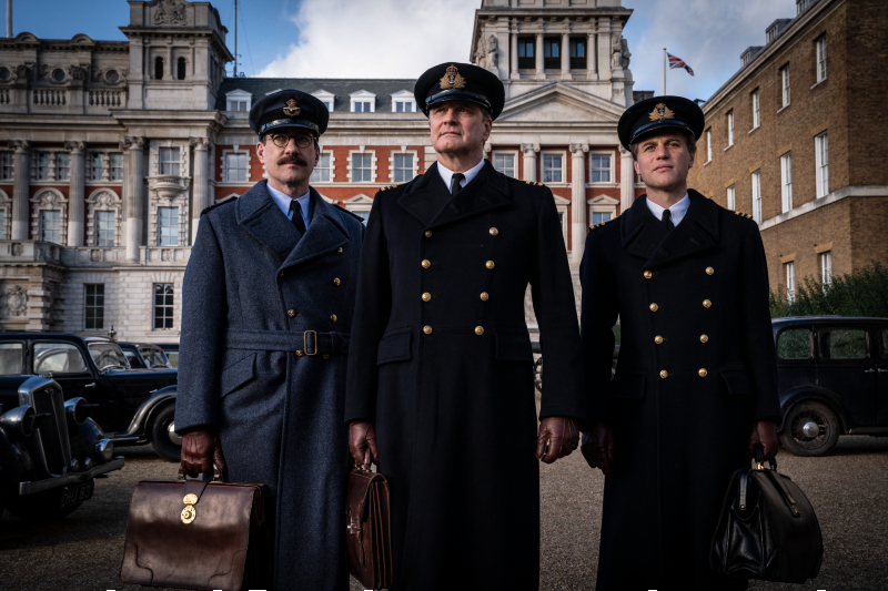 Matthew Macfadyen as Charles Cholmondeley, Colin Firth as Ewen Montagu, and Johnny Flynn as Ian Fleming in "Operation Mincemeat."