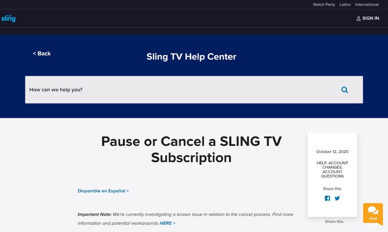 Sling TV Cancel Page