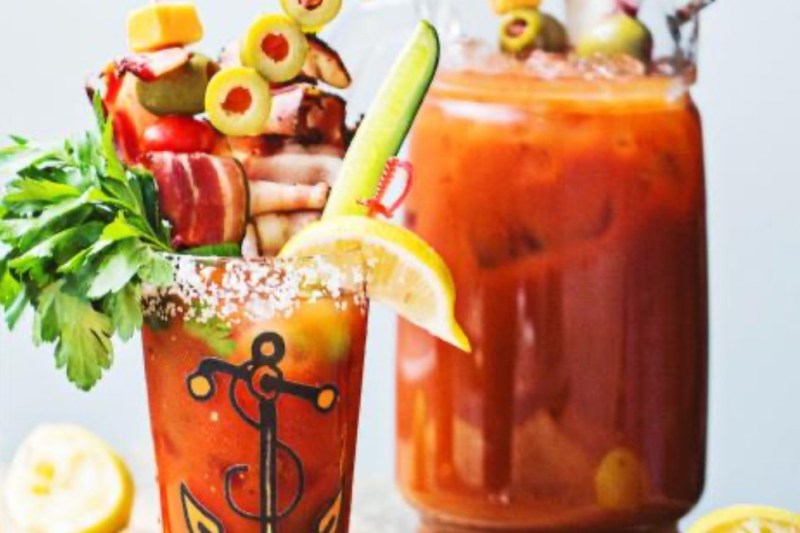 A Spiced Rum Bloody Mary with many, many garnishes.