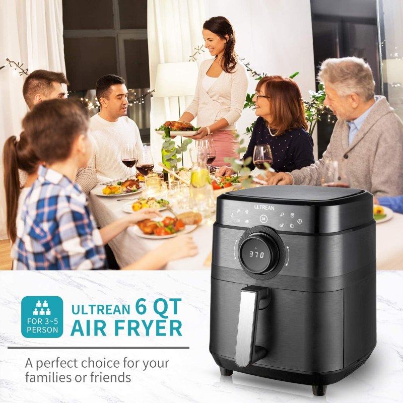 Ultrean Air Fryer XL 6 quart electric cooker shown in front of happy family sharing a meal.