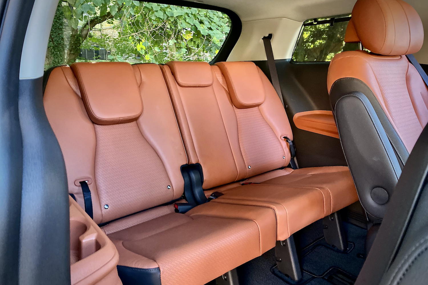 Third-row seat in the Kia Carnival with trees in the back.