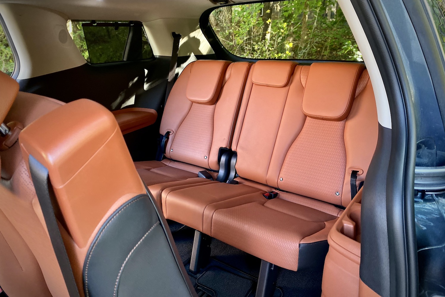 Third-row seats in the Kia Carnival with trees in the back.
