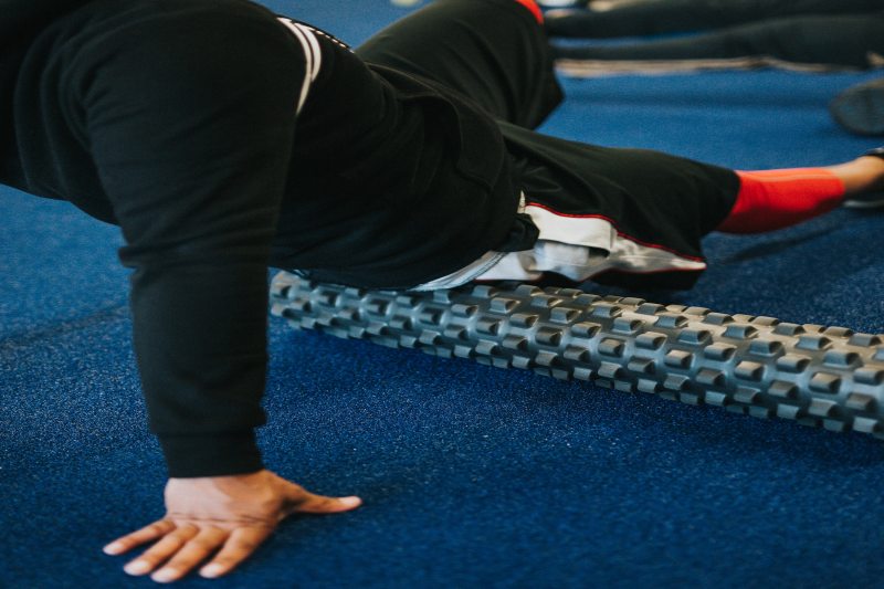 Foam rolling legs.