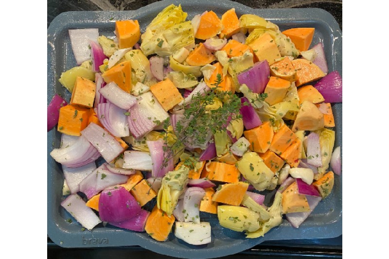 Chopped veggies on a tray.