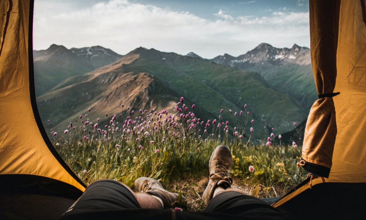 Mountain view from inside camping tent.