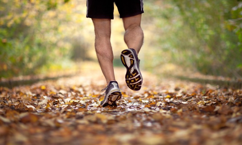 Back view of man wearing sports shoes and running on leaf-covered path