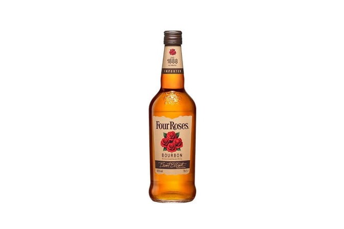 A bottle of Four Roses on white background.