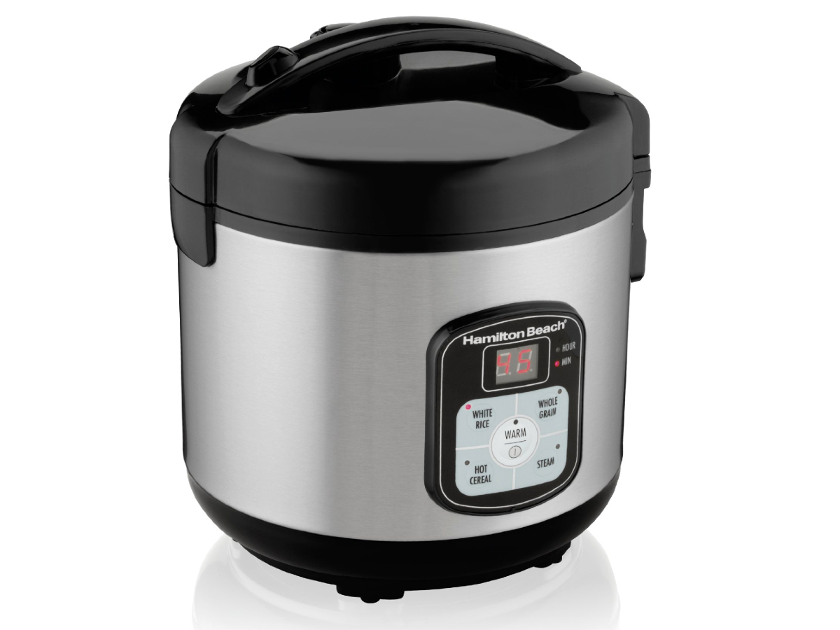 Hamilton Beach 8-Cup Rice Cooker and Steamer, Model# 37519 against a white background.