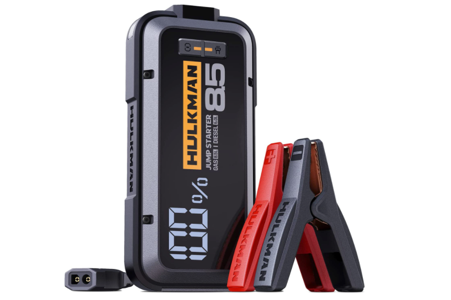 Hulkman portable jump starter for winter roadside emergencies.
