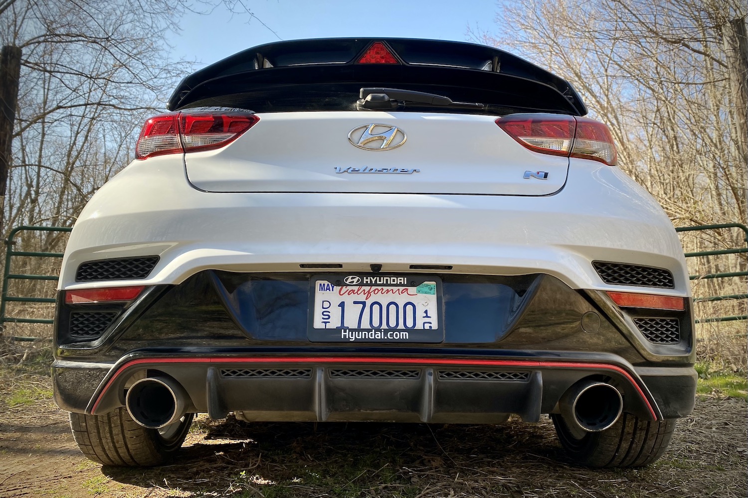 Hyundai Veloster N rear end close up from the bottom.